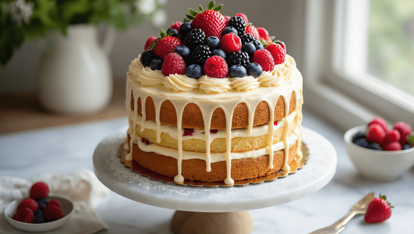 Cinematic overhead shot of a rustic naked birthday cake on a white marble stand, featuring stacked vanilla layers, buttercream drips, and a vibrant array of fresh mixed berries, with a soft bokeh background and warm golden hour lighting.