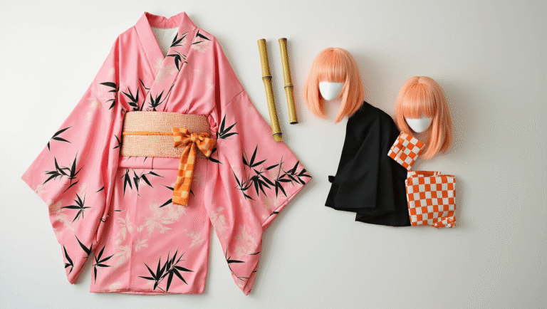 Cosplay costume featuring a pink kimono with hemp leaf patterns, an orange checkered obi belt, a black haori jacket, a bamboo muzzle prop, and a peachy-pink wig, arranged on a clean white background with soft warm lighting.