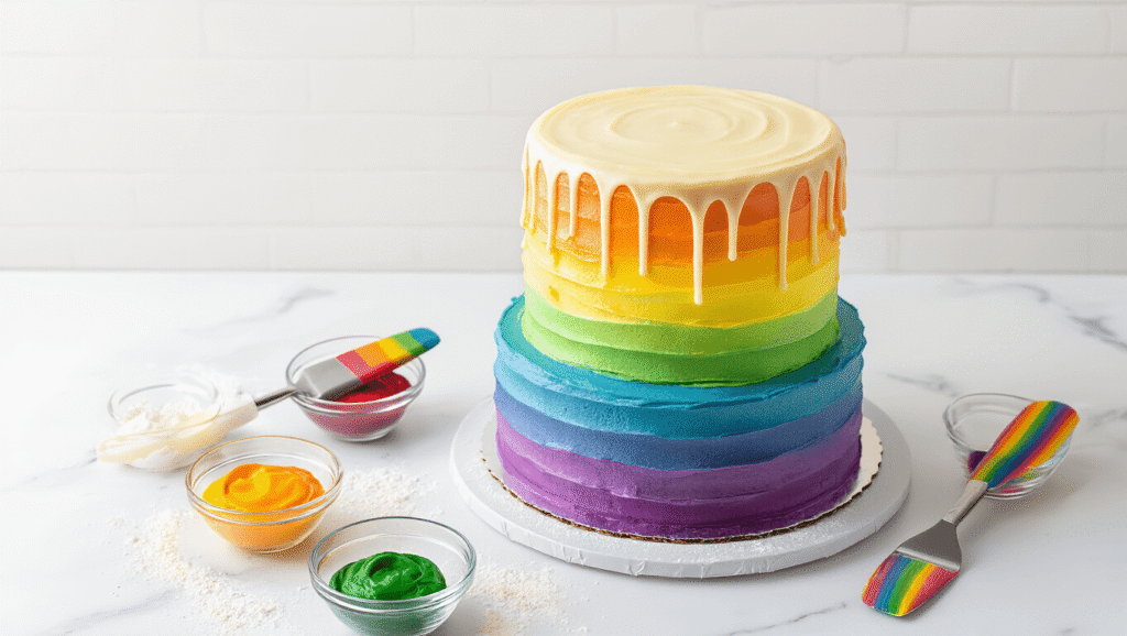 Cinematic overhead shot of a three-tiered ombre rainbow birthday cake with gradient buttercream frosting and white chocolate drip on a marble surface, surrounded by baking tools and vibrant gel food coloring, illuminated by warm golden hour lighting.