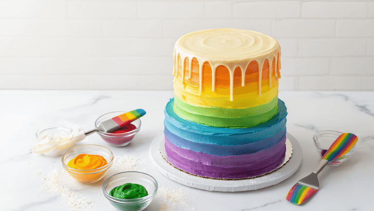 Cinematic overhead shot of a three-tiered ombre rainbow birthday cake with gradient buttercream frosting and white chocolate drip on a marble surface, surrounded by baking tools and vibrant gel food coloring, illuminated by warm golden hour lighting.