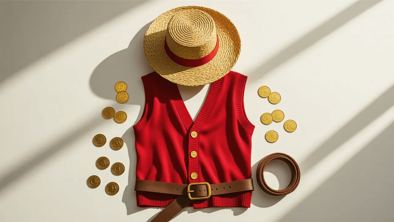 A flat lay of One Piece cosplay elements including a weathered straw hat, a vibrant red cardigan vest, a coiled brown belt, and scattered golden coins on a clean white background, illuminated by soft natural lighting.