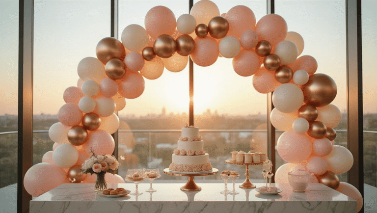 Cinematic wide-angle shot of a blush pink, cream, and rose gold organic balloon arch framing an elegant dessert table in a modern event space during golden hour, with soft sunlight highlighting luxurious balloon textures and sparkling fairy lights.