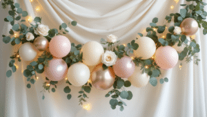 Cinematic close-up of an elegant organic balloon garland in blush pink, cream, and champagne with eucalyptus and fairy lights on a white backdrop, featuring varying balloon sizes, silk ribbons, and scattered confetti bobo balloons, all warmly lit for a sophisticated celebration aesthetic.