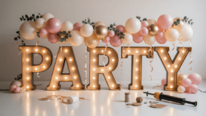 Cinematic close-up of illuminated marquee letters spelling "PARTY" with cascading balloon garlands in blush pink, cream, and gold against a white backdrop, featuring warm lighting, textures, and decorative supplies in the foreground.
