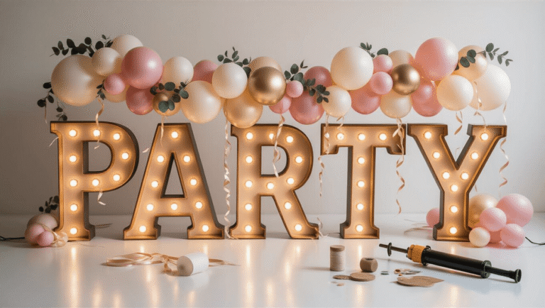 Cinematic close-up of illuminated marquee letters spelling "PARTY" with cascading balloon garlands in blush pink, cream, and gold against a white backdrop, featuring warm lighting, textures, and decorative supplies in the foreground.