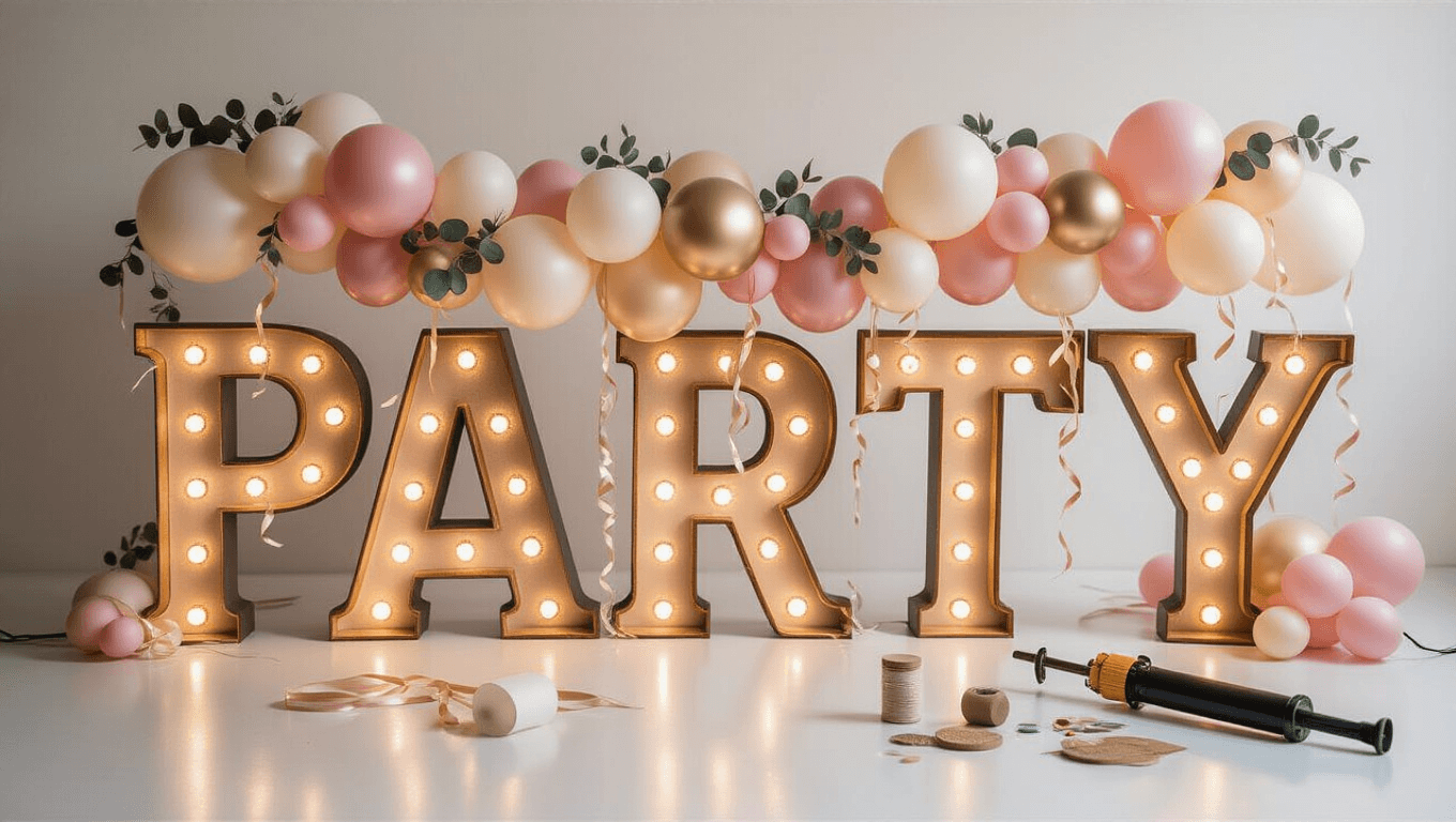 Cinematic close-up of illuminated marquee letters spelling "PARTY" with cascading balloon garlands in blush pink, cream, and gold against a white backdrop, featuring warm lighting, textures, and decorative supplies in the foreground.