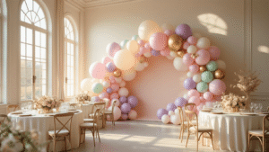 Elegant indoor celebration space featuring a large-scale pastel balloon backdrop in pink, lavender, mint green, and cream tones, illuminated by warm golden lighting, with round tables dressed in ivory silk linens and floral arrangements, creating a vibrant, inviting atmosphere.