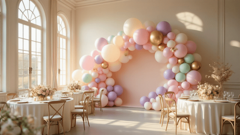 Elegant indoor celebration space featuring a large-scale pastel balloon backdrop in pink, lavender, mint green, and cream tones, illuminated by warm golden lighting, with round tables dressed in ivory silk linens and floral arrangements, creating a vibrant, inviting atmosphere.