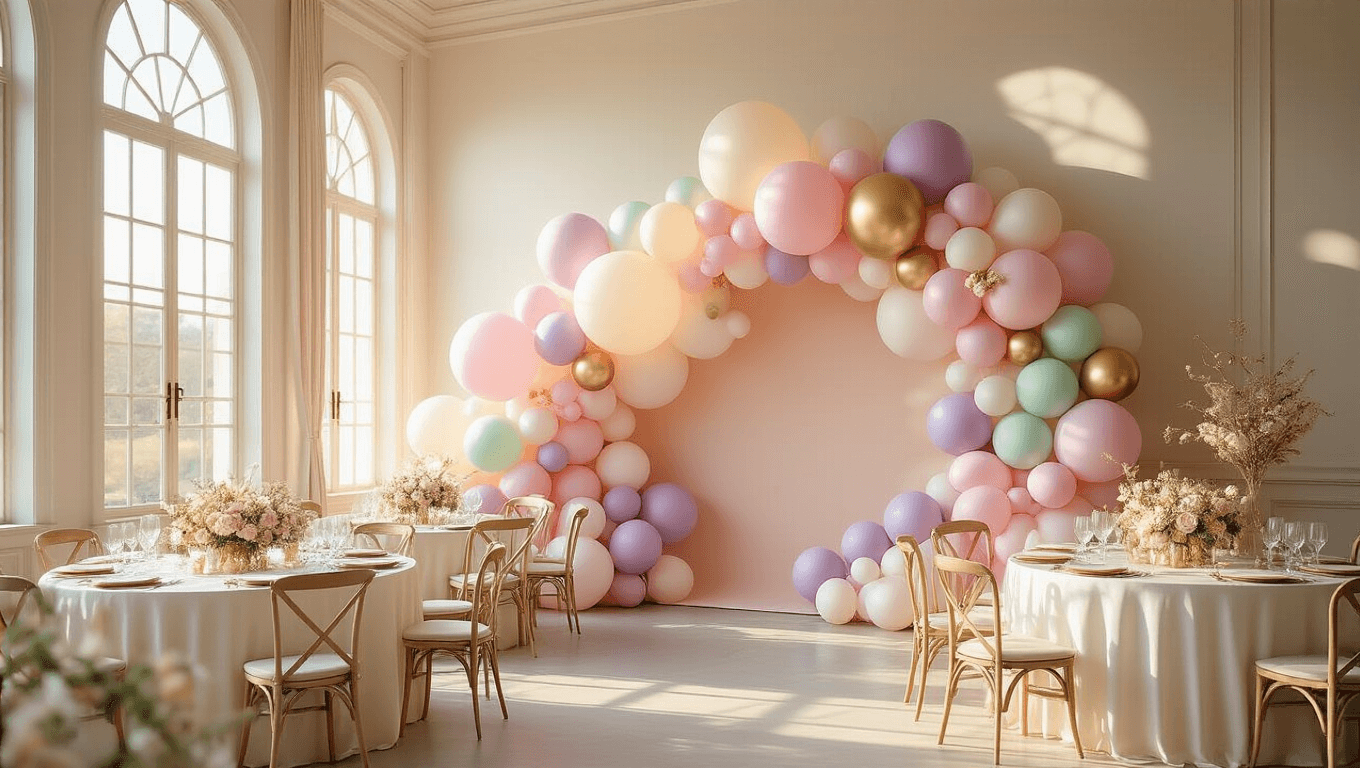 Elegant indoor celebration space featuring a large-scale pastel balloon backdrop in pink, lavender, mint green, and cream tones, illuminated by warm golden lighting, with round tables dressed in ivory silk linens and floral arrangements, creating a vibrant, inviting atmosphere.
