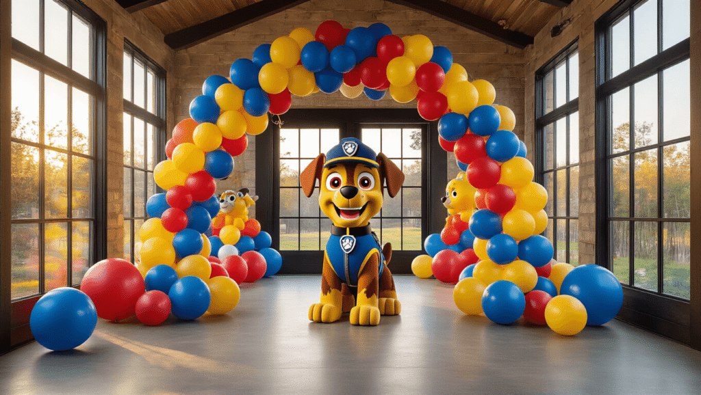 A vibrant PAW Patrol birthday celebration featuring a grand balloon arch in signature colors, a Chase character balloon centerpiece, organic balloon garlands, and an Adventure Bay backdrop, illuminated by golden hour light.