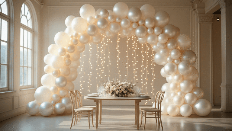 A stunning event space featuring a grand arch of pearlescent balloons in white, silver, and champagne tones, adorned with fairy lights, and a styled tablescape with crystal elements and fresh flowers, all captured in soft natural lighting during golden hour.