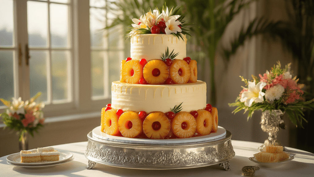 A stunning 4-tiered pineapple upside-down wedding cake on a silver pedestal, featuring caramelized pineapple rings and maraschino cherries, adorned with buttercream, tropical flowers, and gold leaf accents, illuminated by natural sunlight in an elegant venue.