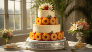 A stunning 4-tiered pineapple upside-down wedding cake on a silver pedestal, featuring caramelized pineapple rings and maraschino cherries, adorned with buttercream, tropical flowers, and gold leaf accents, illuminated by natural sunlight in an elegant venue.