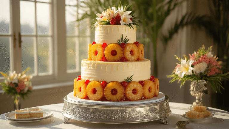 A stunning 4-tiered pineapple upside-down wedding cake on a silver pedestal, featuring caramelized pineapple rings and maraschino cherries, adorned with buttercream, tropical flowers, and gold leaf accents, illuminated by natural sunlight in an elegant venue.