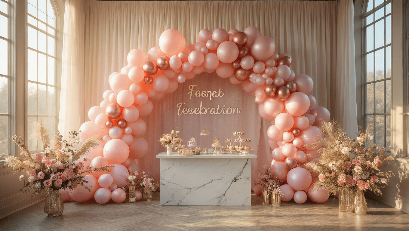 Cinematic wide-angle shot of an elegant celebration space featuring an organic pink balloon garland against a shimmering backdrop, with ivory silk drapery and a marble-topped styling station displaying party preparation elements, accented by fresh white peonies and sage greenery, all illuminated by golden hour sunlight and soft fairy lights.