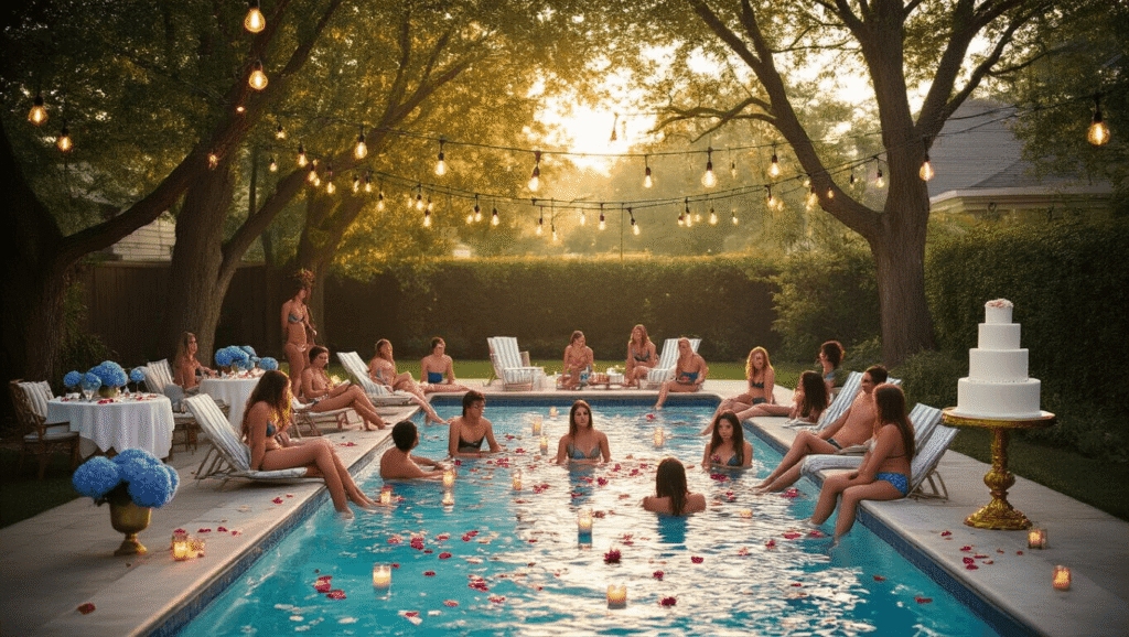 A vibrant suburban backyard pool party at golden hour, featuring teenagers lounging by a candle-filled pool adorned with rose petals and fairy lights, while a tiered birthday cake sits elegantly nearby, capturing a mix of warmth and tension in the atmosphere.