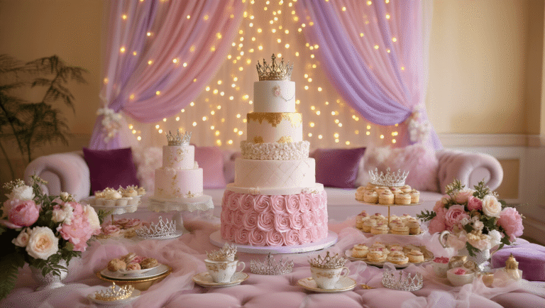 Cinematic overhead view of a luxurious princess birthday party setup with tiered cakes, crowns, and fairy lights in a pastel-themed living room, featuring plush cushions, floral arrangements, and elegant decor in warm golden hour lighting.