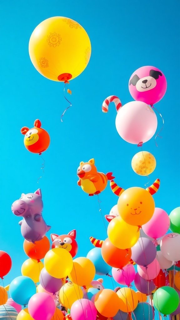 Colorful party balloons in various shapes and designs floating against a blue sky. Balloon Ideas