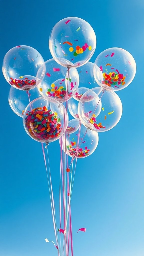 A bunch of clear balloons filled with colorful confetti against a blue sky.