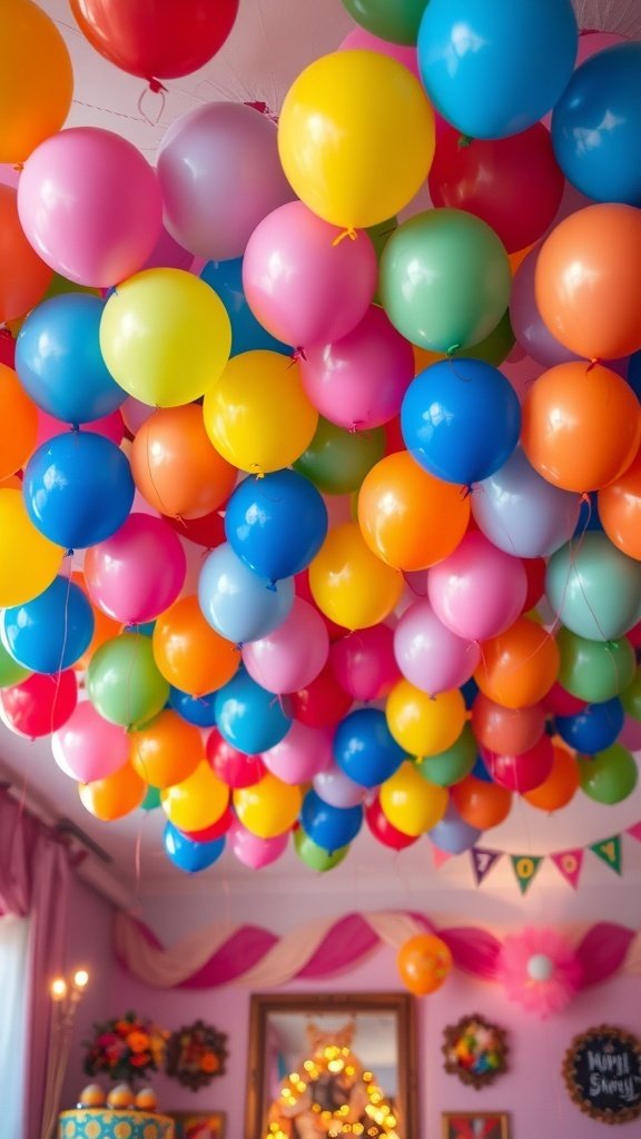 Colorful balloons floating on a ceiling in a festive setting
