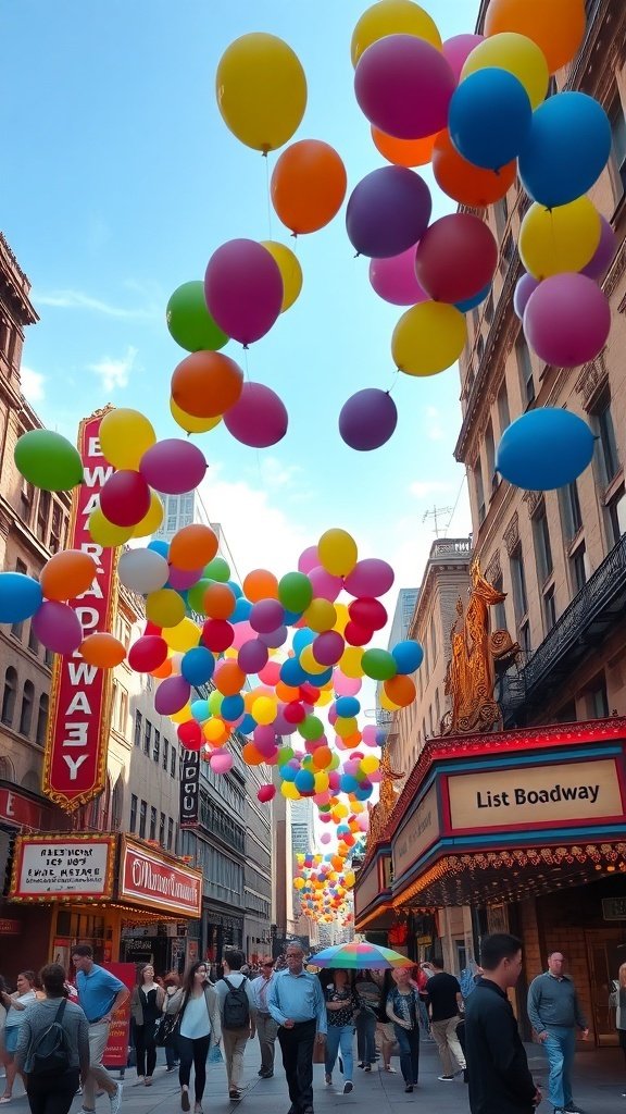 Colorful balloons floating above a Broadway street with people walking below.