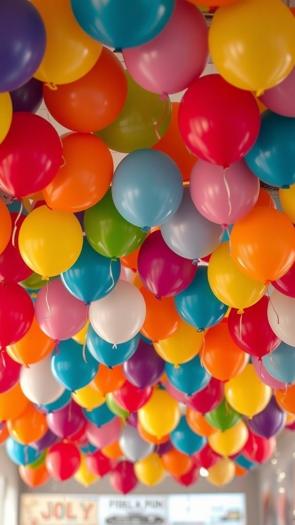Colorful balloons hanging from the ceiling