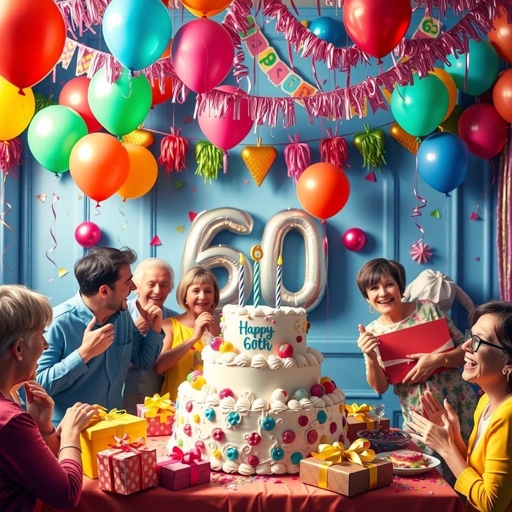19 Creative Birthday Party Ideas to Celebrate in Style A festive 60th birthday party with balloons, a large cake, and happy guests celebrating together.