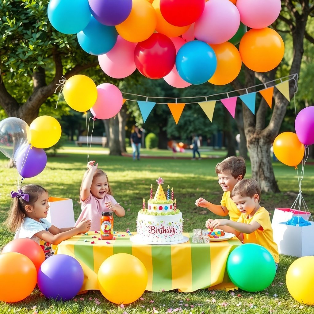 19 Creative Birthday Party Ideas to Celebrate in Style Kids celebrating a birthday party outdoors with balloons, cake, and colorful decorations.