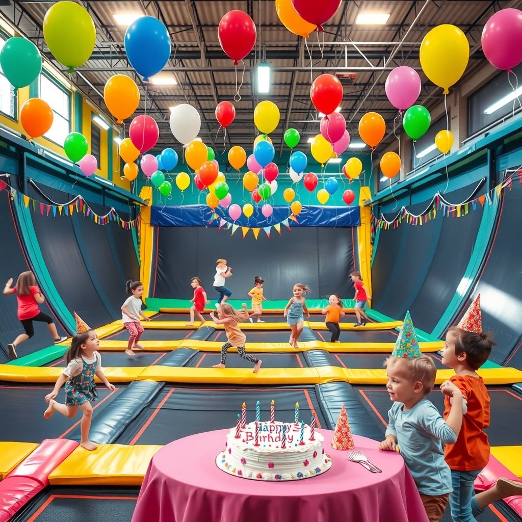 19 Creative Birthday Party Ideas to Celebrate in Style Children enjoying a birthday party at Urban Air with trampolines and colorful decorations.