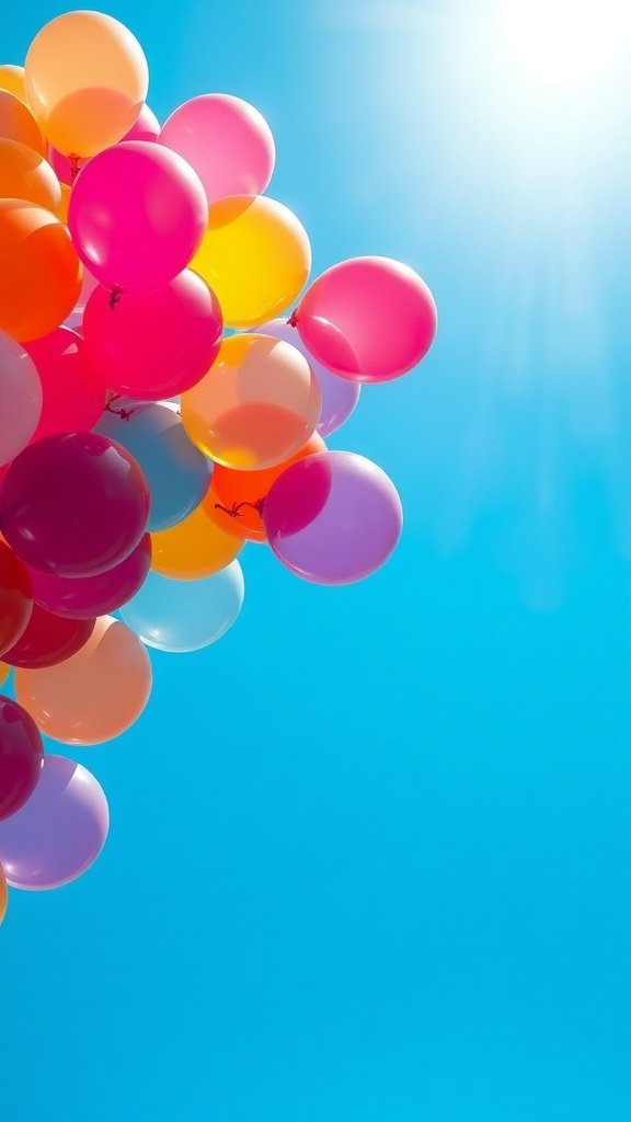 A cluster of colorful bubble balloons against a clear blue sky