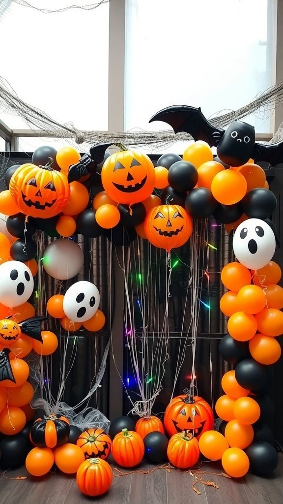 A colorful Halloween balloon decoration featuring orange and black balloons, pumpkins, ghosts, and bats.