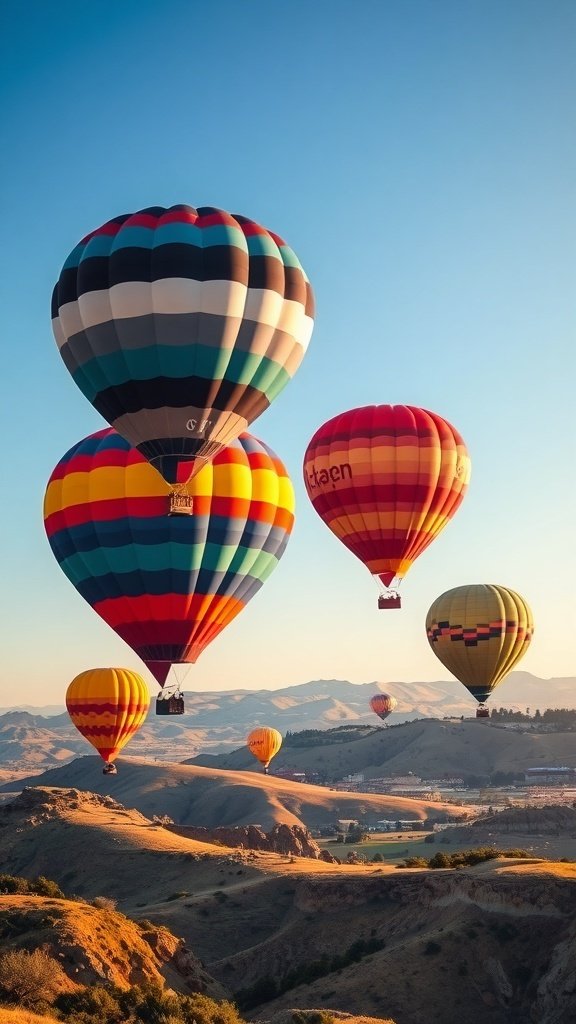 Colorful hot air balloons in a clear sky over rolling hills.