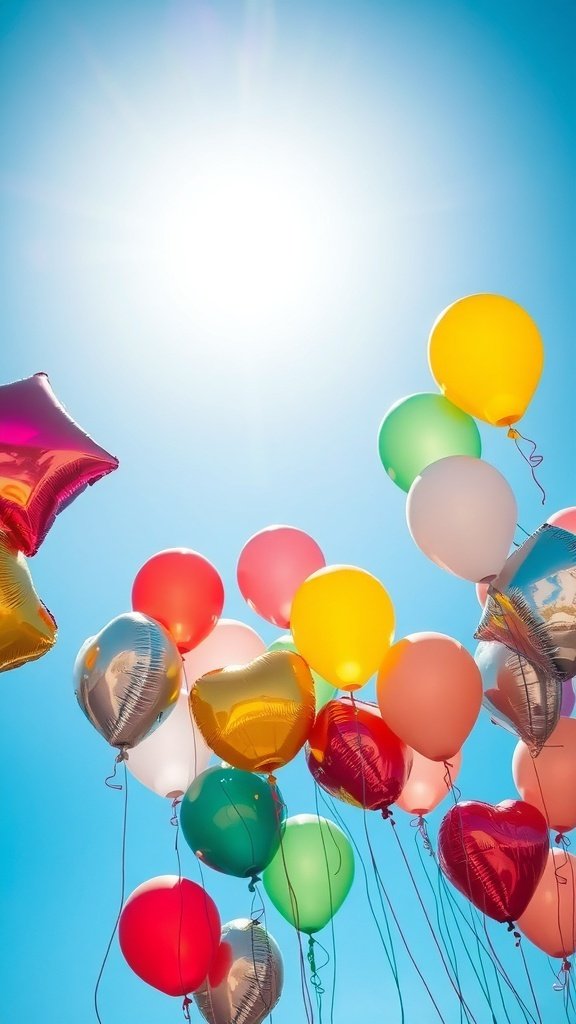 A colorful assortment of foil and latex balloons against a bright blue sky
