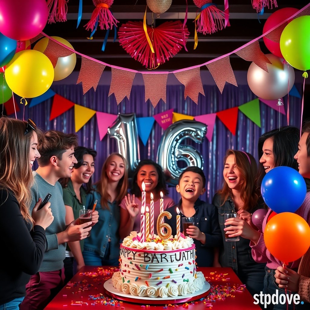19 Creative Birthday Party Ideas to Celebrate in Style A vibrant 16th birthday party scene with friends gathered around a decorated cake, balloons, and festive decorations.