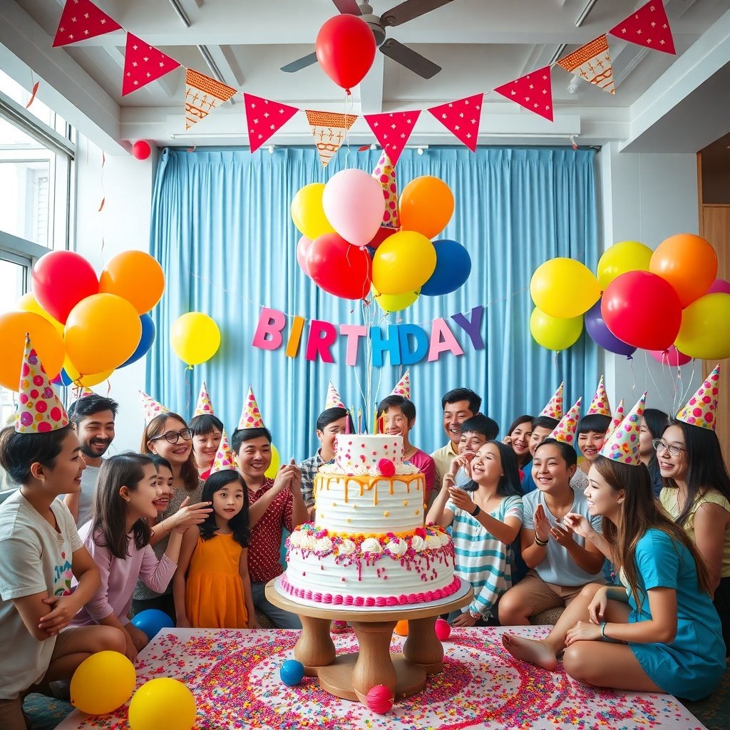 19 Creative Birthday Party Ideas to Celebrate in Style A vibrant birthday party scene with colorful decorations, balloons, and a large cake surrounded by happy guests.