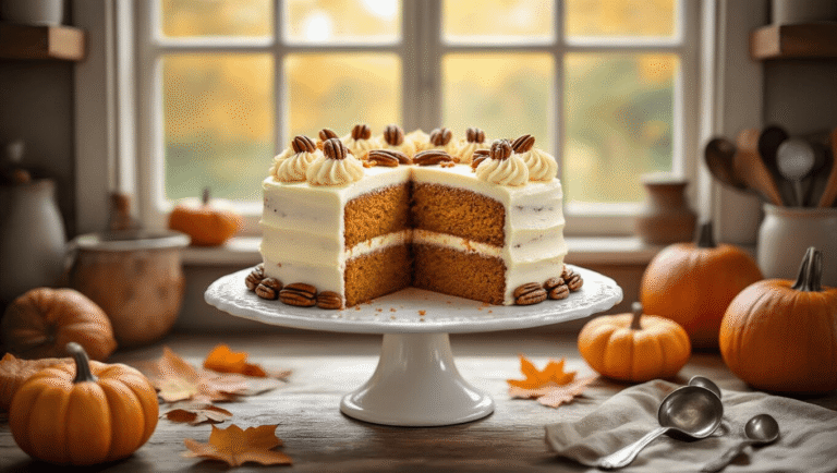 A three-layer pumpkin spice cake with cream cheese frosting on an antique white ceramic cake stand, surrounded by autumn leaves, pumpkins, and vintage kitchen tools in a rustic farmhouse kitchen.