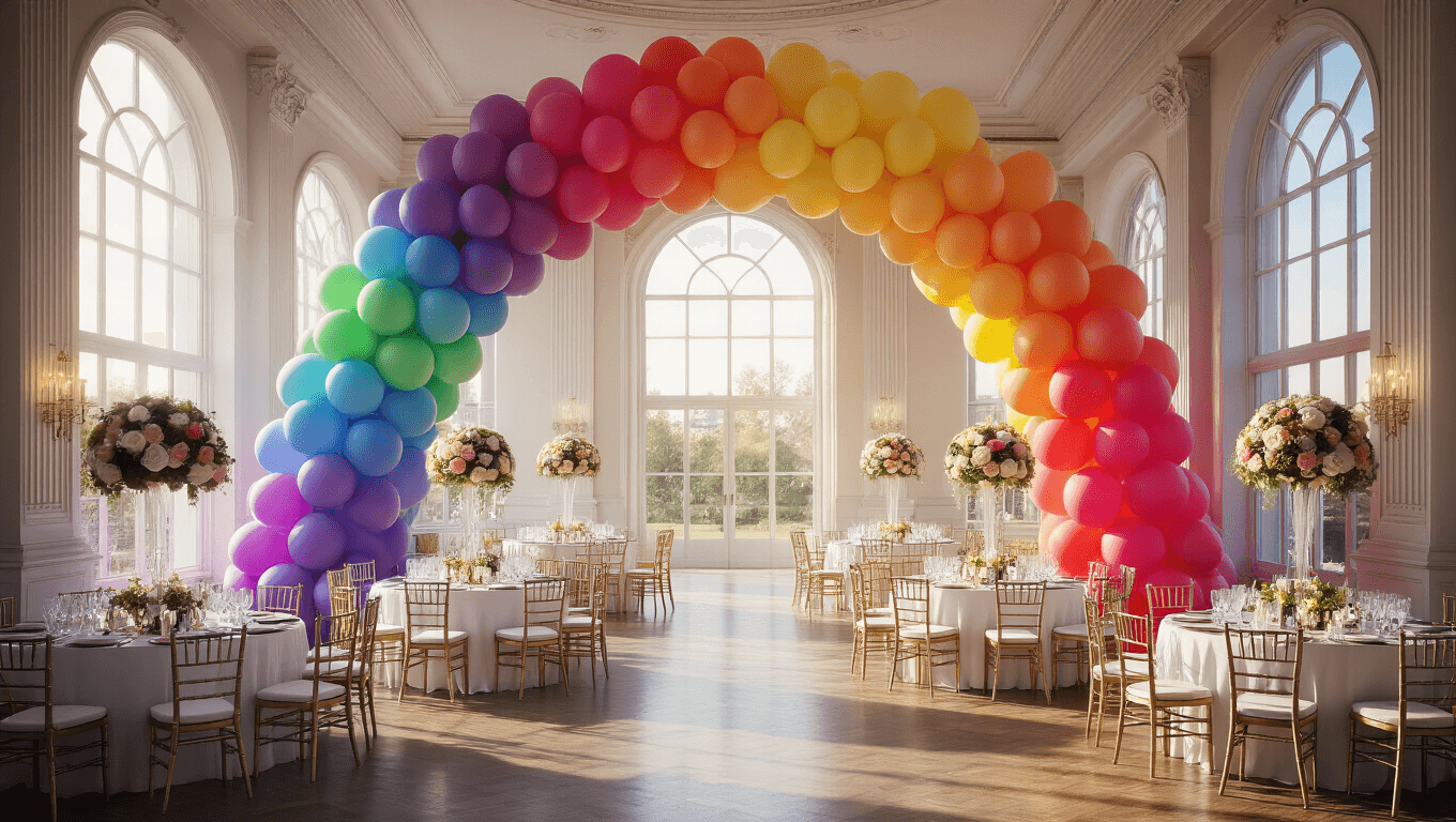 A luxurious grand ballroom adorned with a breathtaking rainbow balloon installation, featuring a massive ombré balloon arch, elegant round tables with white linens and gold chairs, and sparkling crystal centerpieces under soft, atmospheric lighting.
