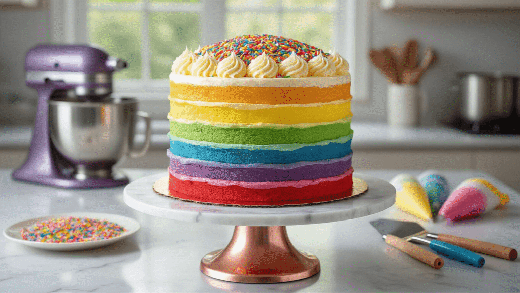 A towering six-layer rainbow cake with smooth white buttercream frosting and cascading sprinkles, displayed on a rose gold turntable against a white marble countertop, illuminated by soft natural light.