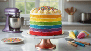 A towering six-layer rainbow cake with smooth white buttercream frosting and cascading sprinkles, displayed on a rose gold turntable against a white marble countertop, illuminated by soft natural light.