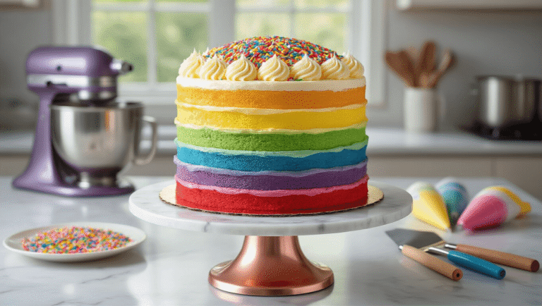 A towering six-layer rainbow cake with smooth white buttercream frosting and cascading sprinkles, displayed on a rose gold turntable against a white marble countertop, illuminated by soft natural light.