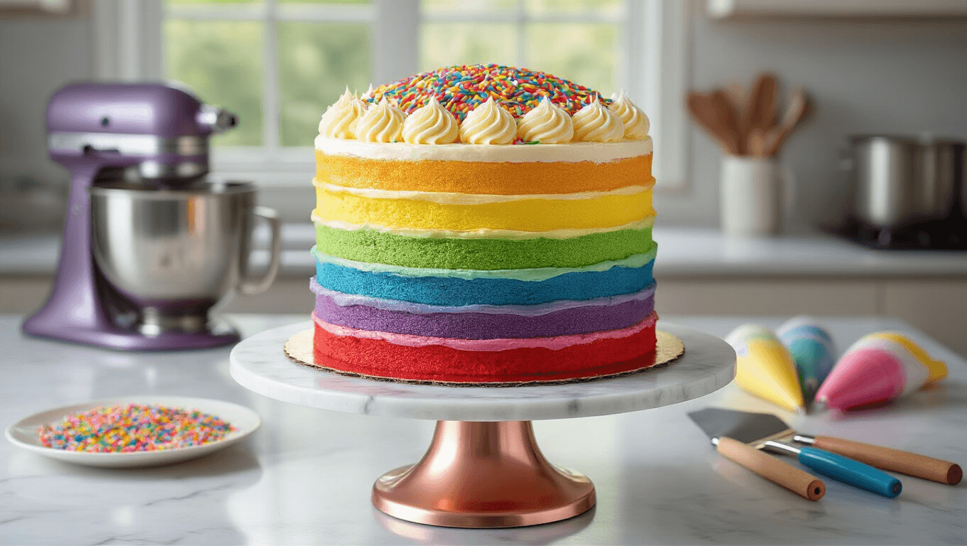 A towering six-layer rainbow cake with smooth white buttercream frosting and cascading sprinkles, displayed on a rose gold turntable against a white marble countertop, illuminated by soft natural light.