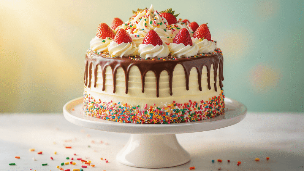 A close-up, photorealistic image of a two-tiered milkshake-inspired cake on a white stand, adorned with rainbow sprinkles, chocolate ganache drips, fresh strawberries, and whipped cream, set against a soft pastel backdrop with golden afternoon lighting.