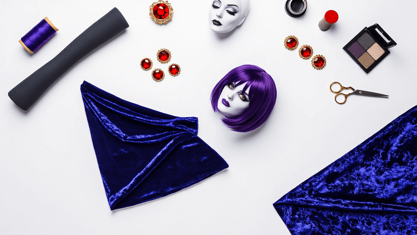 Overhead flatlay of Teen Titans Raven cosplay components on a white background, featuring a dark purple bodysuit, blue velvet cape, red gems, gray makeup, a purple wig, and sewing supplies, all illuminated with studio lighting.