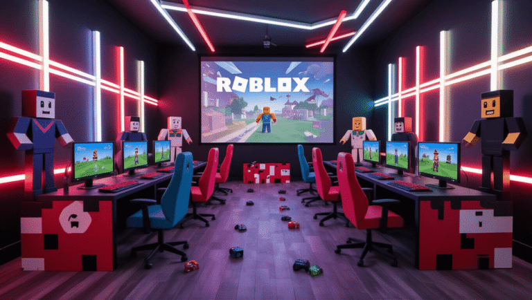 A vibrant indoor gaming party room styled as a Roblox wonderland, featuring multiple gaming stations, LED lighting, life-sized character cutouts, a large projection screen, colorful gaming chairs, a central snack area with a blocky cake, and ambient lighting, captured in ultra HD during golden hour.