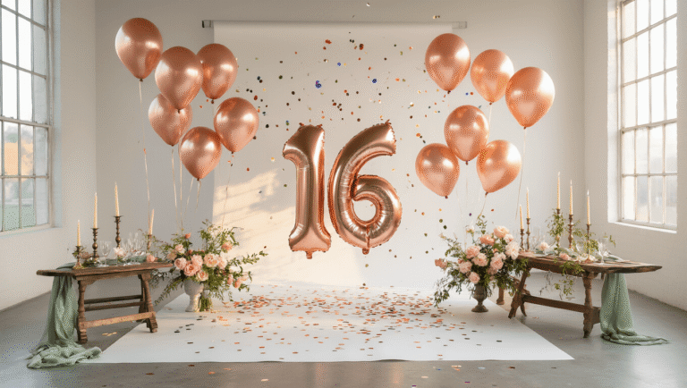 Cinematic overhead shot of a celebration setup featuring giant rose gold number balloons, scattered confetti, soft golden hour lighting, and floral arrangements on a white backdrop.