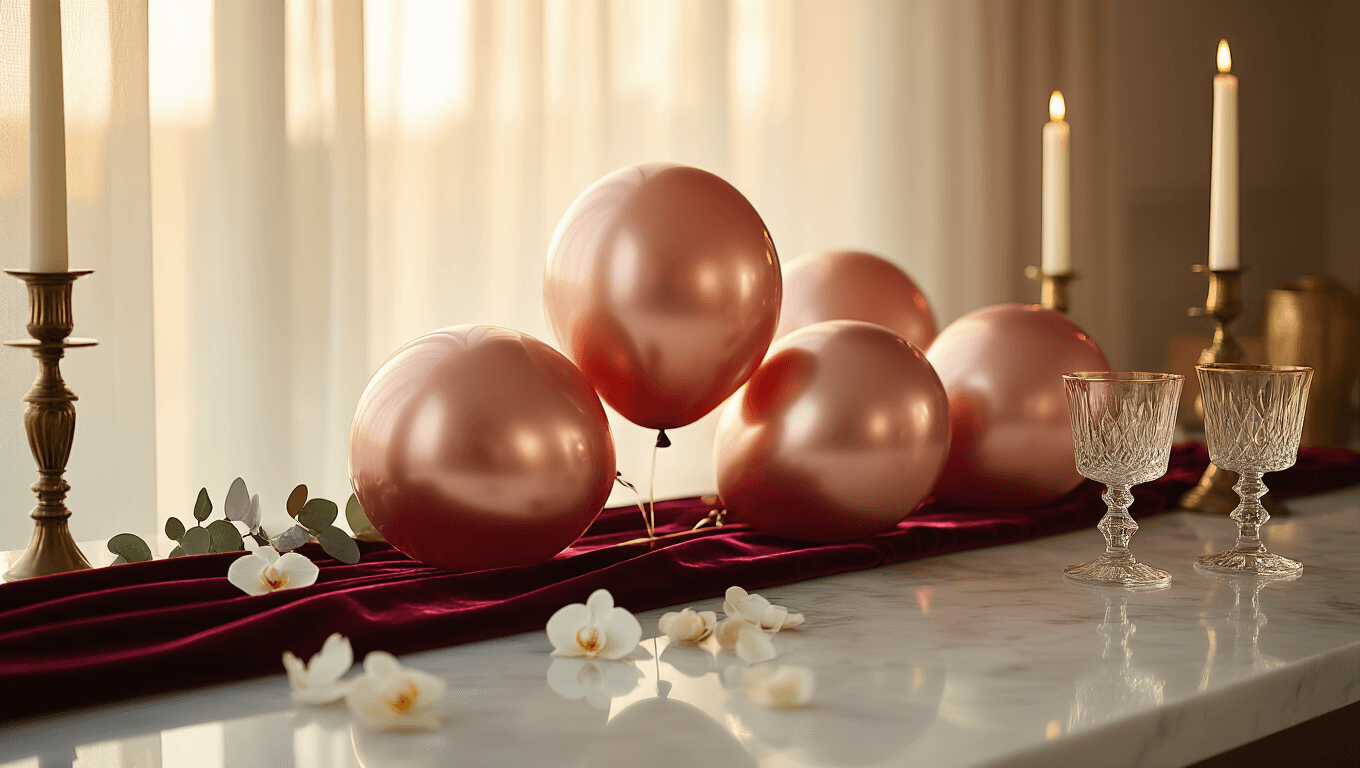 Cinematic close-up of luxurious rose gold and champagne metallic balloons on a white marble countertop, with golden hour lighting, velvet table runner, white orchid petals, eucalyptus sprigs, vintage brass candlesticks, and artisanal crystal glassware, creating a warm and sophisticated atmosphere.