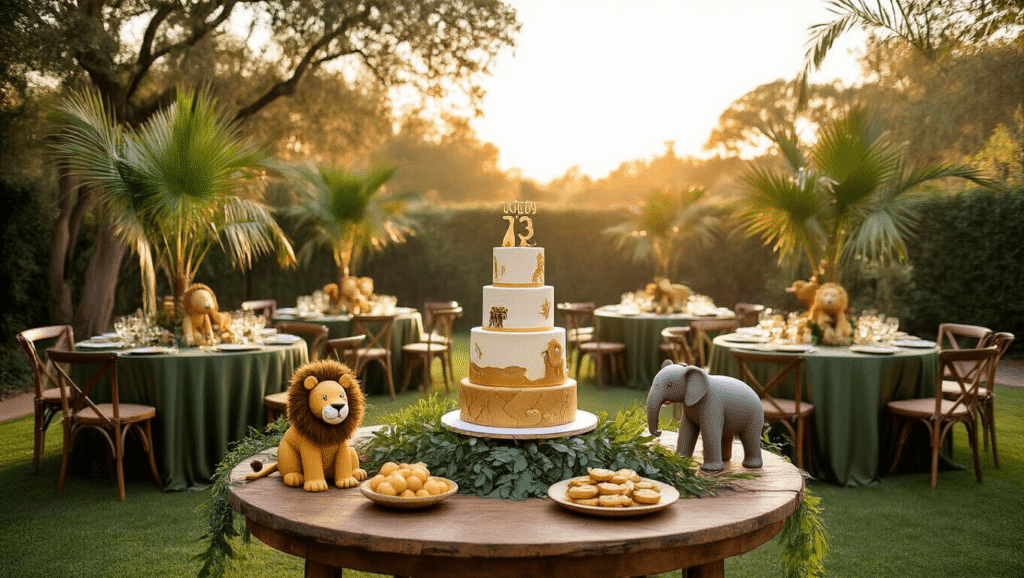 Outdoor safari-themed birthday party setup for a 3rd birthday, featuring rich earthy decor, a three-tiered safari cake, plush animal centerpieces, and whimsical balloon garlands, all illuminated by golden hour sunlight.