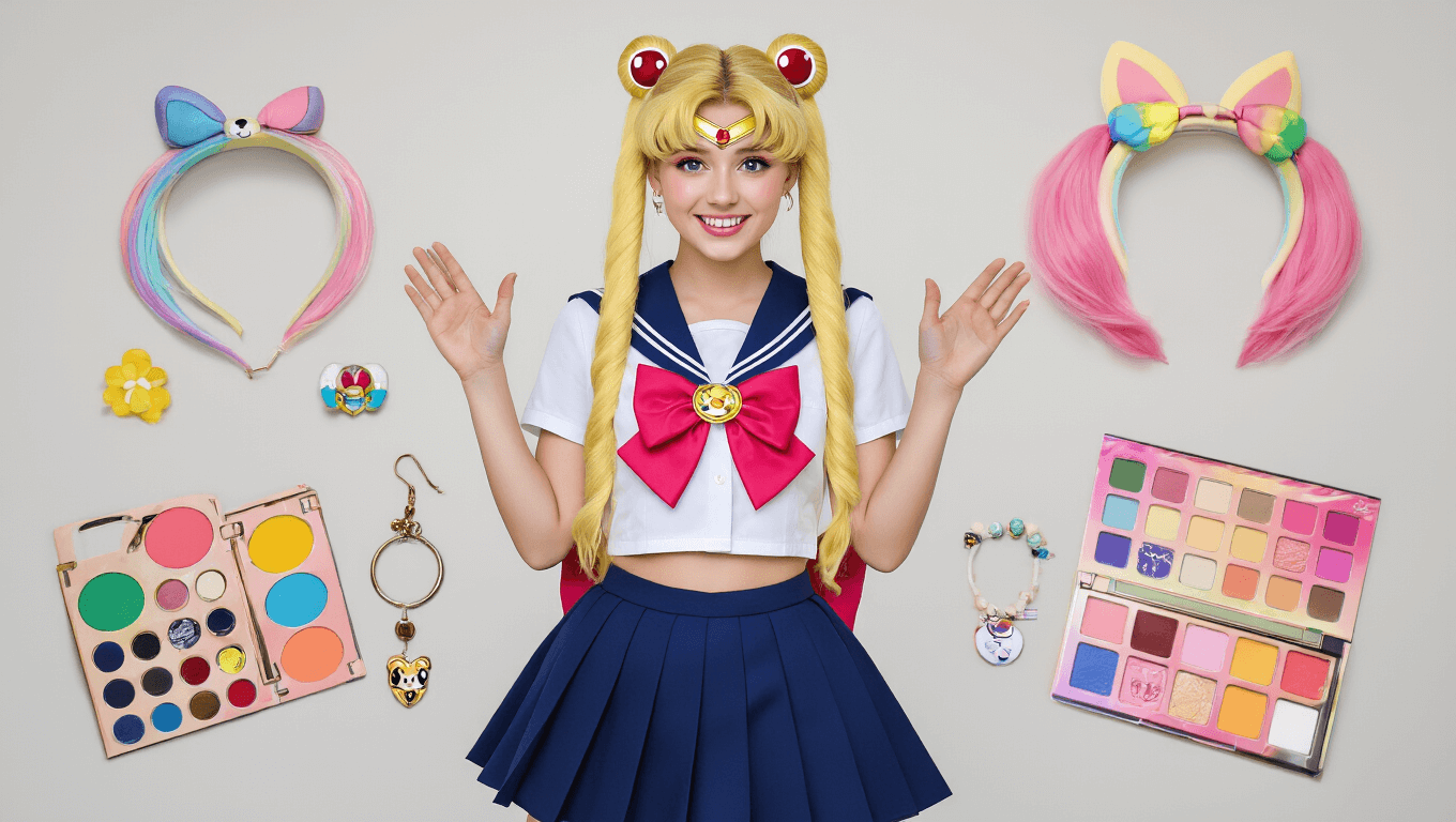 A cheerful young woman in a Sailor Moon cosplay outfit with a navy skirt and white shirt, featuring a blonde pigtail wig, surrounded by colorful accessories like pastel hair clips and character-themed jewelry, set against a clean white background with warm lighting.