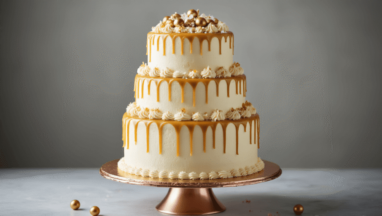 Photorealistic three-tiered salted caramel drip cake on a metallic rose gold stand, featuring white buttercream frosting, golden caramel drips, artisanal sea salt flakes, chocolate pearls, and edible gold glitter, against a soft grey backdrop, with a shallow depth of field highlighting the texture and colors.