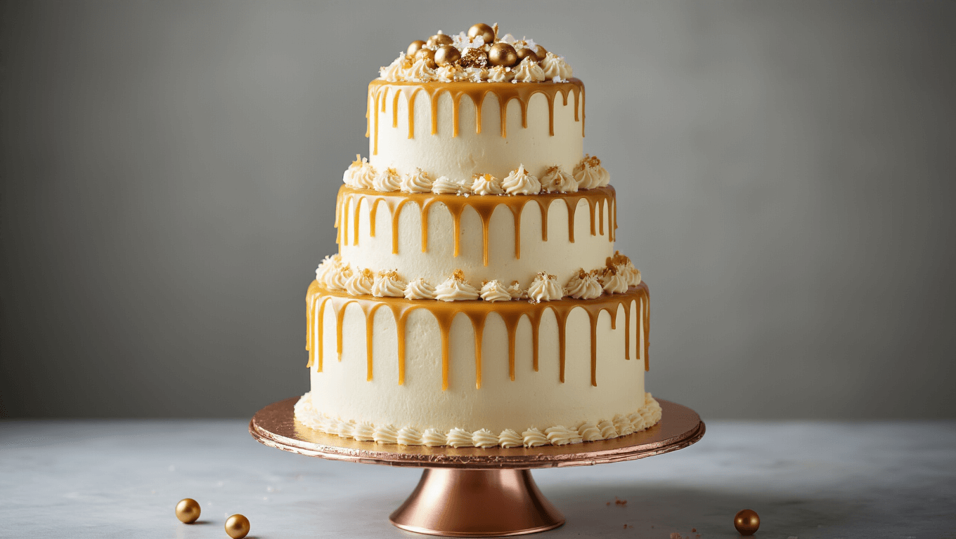 Photorealistic three-tiered salted caramel drip cake on a metallic rose gold stand, featuring white buttercream frosting, golden caramel drips, artisanal sea salt flakes, chocolate pearls, and edible gold glitter, against a soft grey backdrop, with a shallow depth of field highlighting the texture and colors.